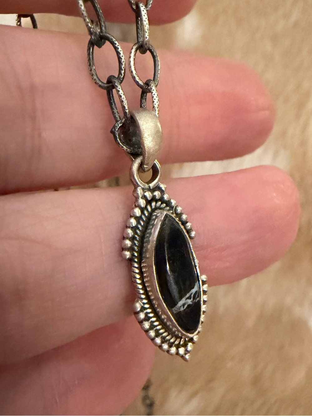 ❤️ Black Jack Turquoise MarquisePendant Navajo Style Sterling 925 Unisex 1.03”L - Picture 3 of 13